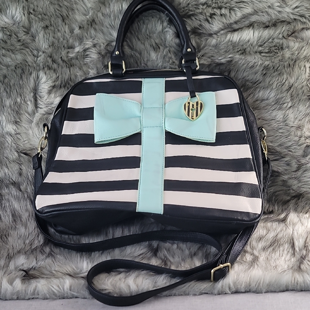 Elegant Striped Satchel with Mint Bow Accent